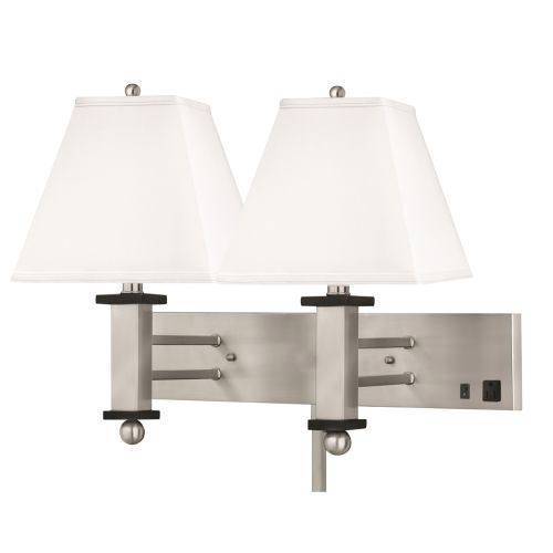 Double Wall Lamp, 18"H x 13"Ext, 2 Outlets, Brushed Steel w/ Black Finish, White Shades